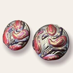 Vintage Button Earrings Oversized Hand Painted Paisley Silver Circle Studs